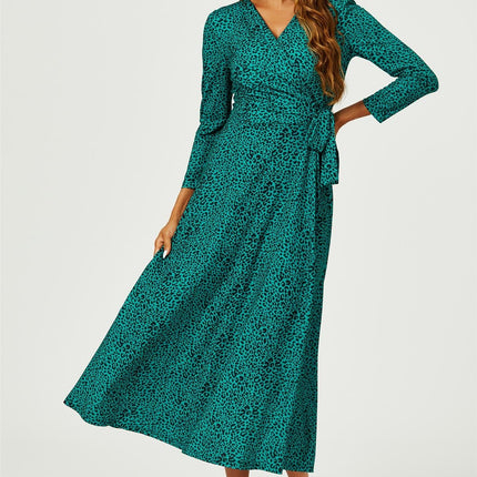 Green Leopard Print Wrap Top Midaxi Dress