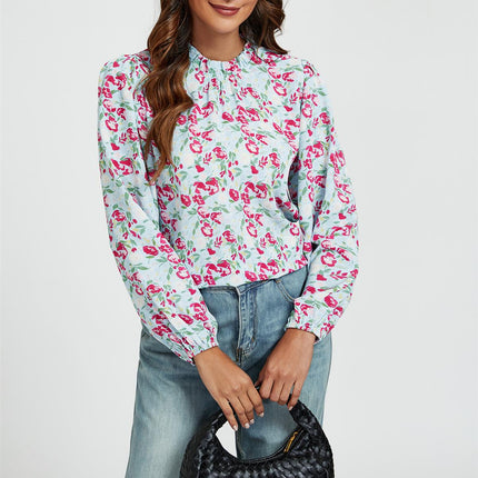 Floral Print Frill Detail High Neck Top In Blue & Pink