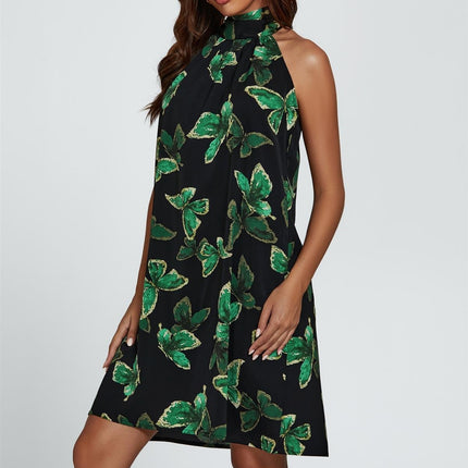 Butterfly Print Halter Neck Tie Back Mini Dress In Green