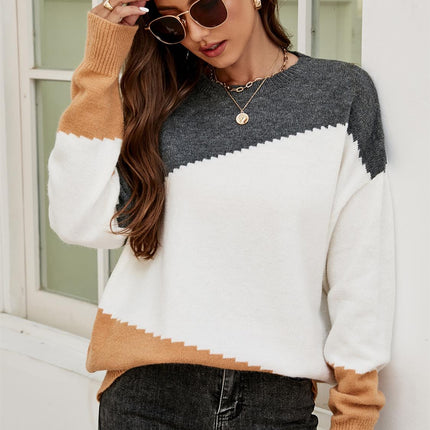 Grey & Camel Block Colour Jumper Top In Beige