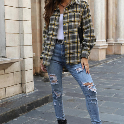 Yellow Brushed Check Oversized Pocket Detail Shacket Shirt Jacket In Grey