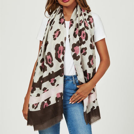 Leopard & Strip Print Fringed edges Scarf In Pink & Black