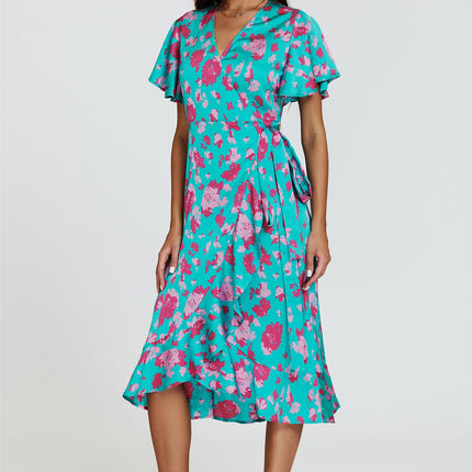 Turquoise & Hot Pink Print Angel Sleeve Wrap Midi Dress