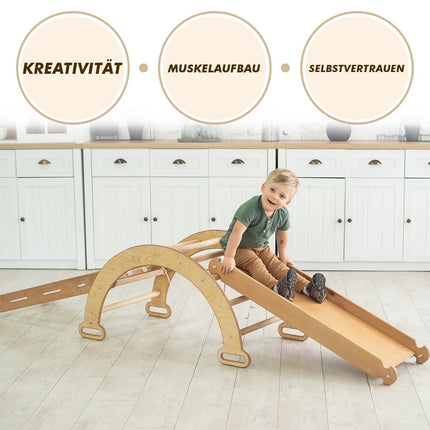 5in1 Montessori Klettergerüst Set: Kletterdreieck + Kletterbogen mit Kissen + Kletternetz und Rutsche für Kinder 1-7 Jahre – Schokolade