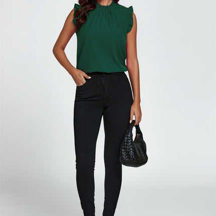 Frill Trim Sleeve Frill Neck Blouse Top In Dark Green