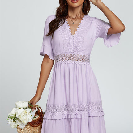 V Neck Lace Mini Dress In Purple