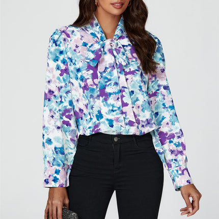 Abstract Floral Print Tie Detail long sleeve Blouse Top In Blue