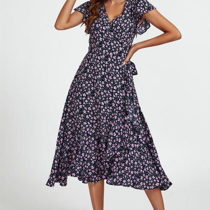 Floral Frill Sleeve Midi Wrap Dress In Navy