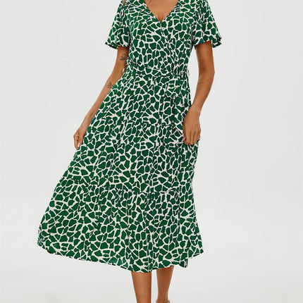 Geo Print Hem Tiered Wrap Midi Dress In Green