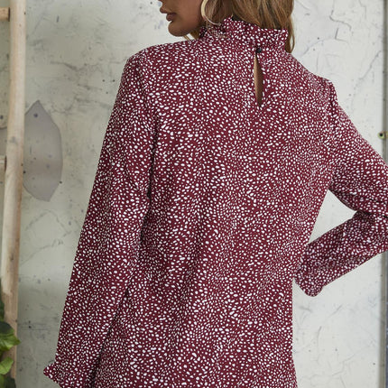 Frill Detail High Neck Top In Wine Red & White Animal Print