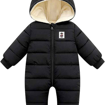LSERVER Neugeborener Strampler Baby mit Kapuze Fleecever Dickter Jungen Schneeanzug Mädchen Warmer Daunen Overall Kinder Niedliche Winter Anzüge, Schwarz, 80 / 9-12 Monate