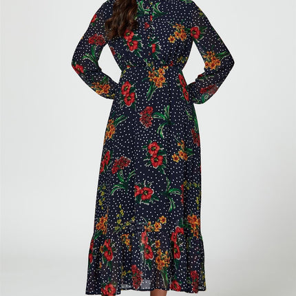 Floral Dot Print Maxi Dress In Navy