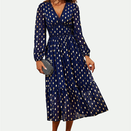 Lace Trim Foil Long Sleeve Maxi Dress In Navy