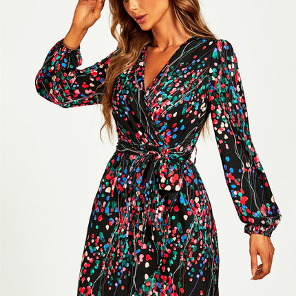 Abstract Floral Print Wrap Mini Dress In Black