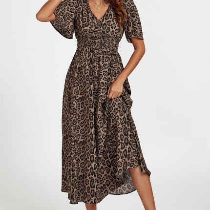 Leopard Print V Neck Midi Dress In Brown