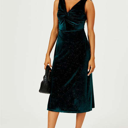 Silver Sparkly Velvet Knot Front Midi Dress In Green