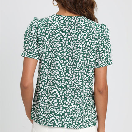 Short Sleeve Buttoned Blouse Top In Green & White Flora  Print