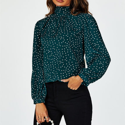 Polka Dot Print Long Sleeve Back Tie Blouse Top In Green