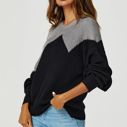 Block Colour Relaxed Knit Jumper Top In Grey & Black