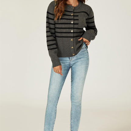 Pocket Stripe Knitted Cardigan In Dark Grey