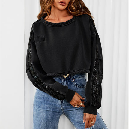Oversized Sequin Detail Cropped Sweatshirt In Black