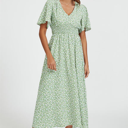 Multi Floral Print V Neck Midi Dress In Green
