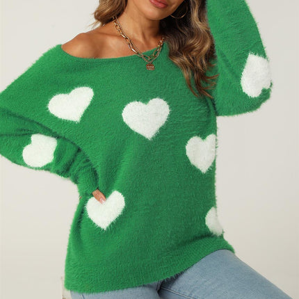 Relaxed Comfy White Heart Pattern Jumper Top In Green