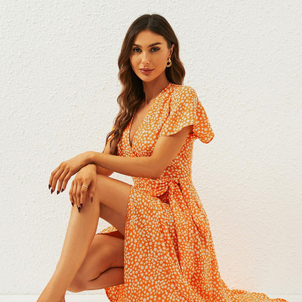 Floral Print Wrap Midi Dress In Orange Yellow