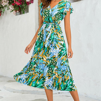 Floral Print Wrap Dress In Yellow & Green