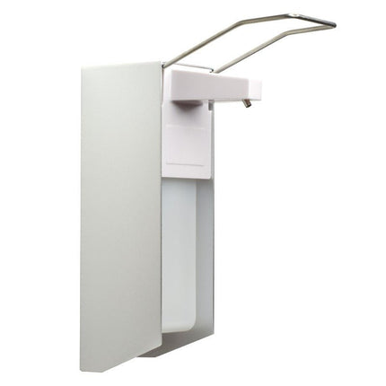 NITRAS Desinfektionsmittelspender mit Armhebel, Aluminium / Kunststoff, silber / weiß, inkl. Wandbefestigungsmaterial, für 1000 ml Flaschen | Packung (1 Stück)