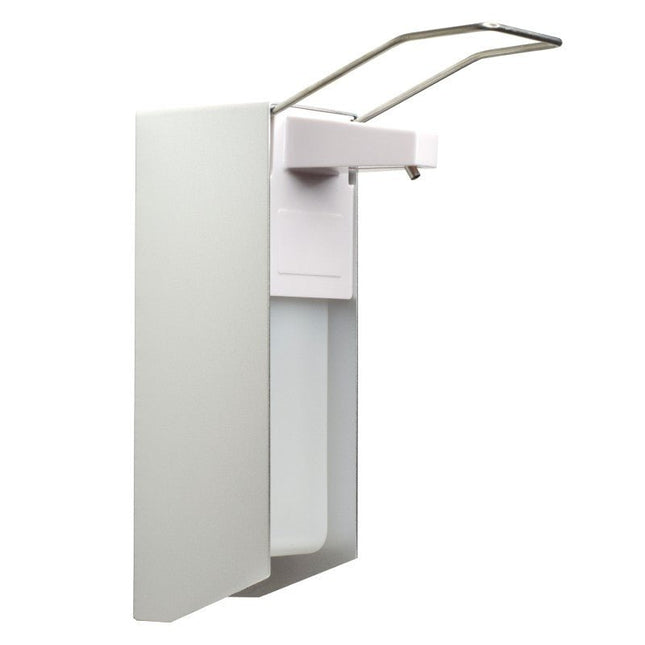 NITRAS Desinfektionsmittelspender mit Armhebel, Aluminium / Kunststoff, silber / weiß, inkl. Wandbefestigungsmaterial, für 1000 ml Flaschen | Packung (1 Stück)