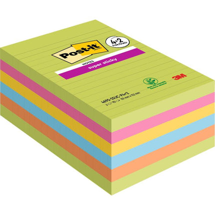 Post-it® Super Sticky Notes im Großformat, Verschiedene Farben, Liniert, 101 mm x 152 mm, Promotion, 90 Blatt/Block, 4 Blöcke + 2 Gratis/Packung, 100% PEFC, SGSCH-PEFC-COC-110078 | Packung (1 Stück)