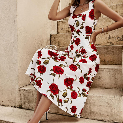 Red Roses Print Heart Neck Midi Dress In Off White