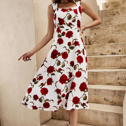 Red Roses Print Heart Neck Midi Dress In Off White