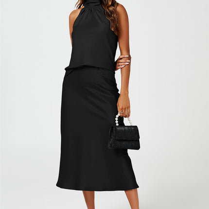 Satin Halter Neck Tie Back Top In Black