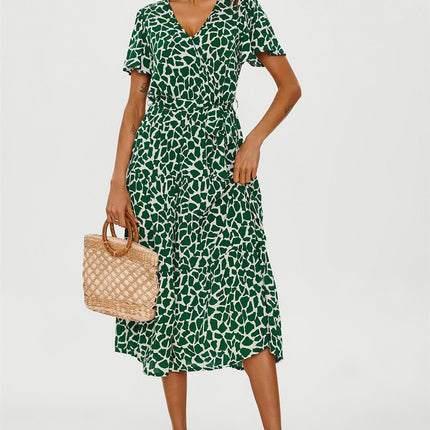 Geo Print Hem Tiered Wrap Midi Dress In Green