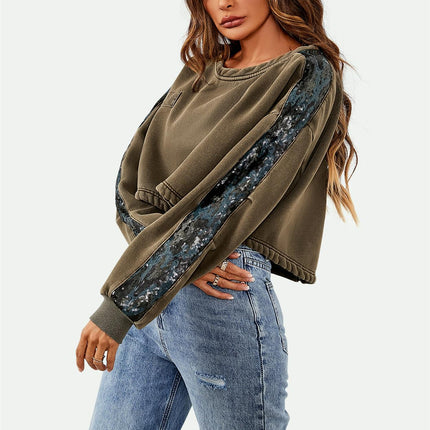 Oversized Sequin Detail Cropped Sweatshirt In Khaki