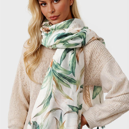 Green Leaf Print Tassel Scarf In White