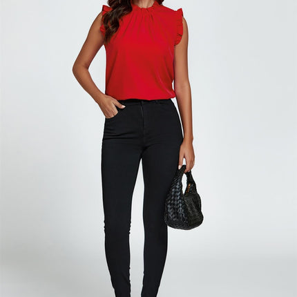 Frill Trim Sleeve Frill Neck Blouse Top In Red