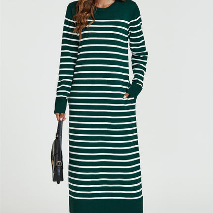 Stripe Pattern Knitted Tunic Jumper Dress In Dark Green