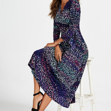 Geometric Print Wrap Top Midi Dress In Navy