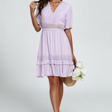 V Neck Lace Mini Dress In Purple