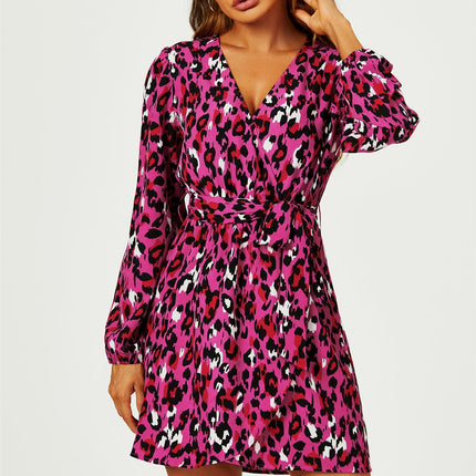 Leopard Print Wrap Top Mini Dress In Magenta