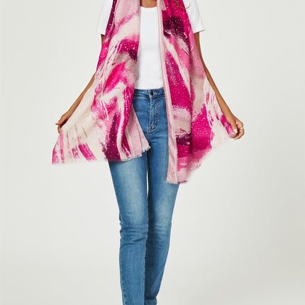 Gold Foil Abstract Brush Print Fringed edges Scarf In Pink