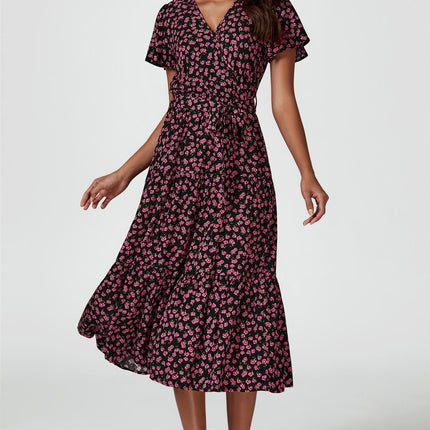 Pink Floral Print Wrap Midi Dress In Black
