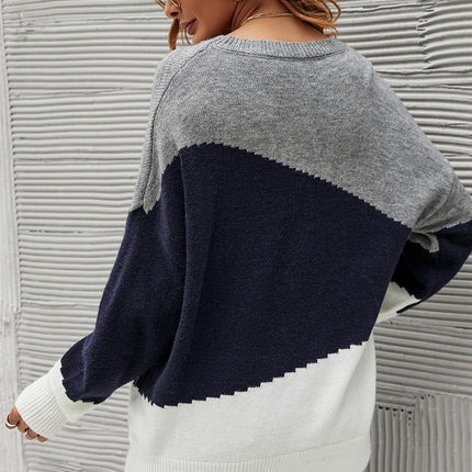 Navy & White Block Colour Jumper Top In Grey
