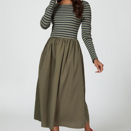 Long Sleeve Stripe Midi Dress In Olive