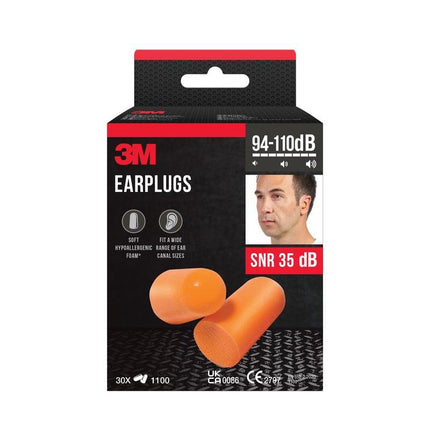 3M™ Gehörschutzstöpsel 1100, Weichschaum, SNR-Wert 35 dB, Orange