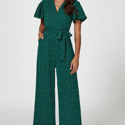 Dot Print Wrap Top Jumpsuit In Green