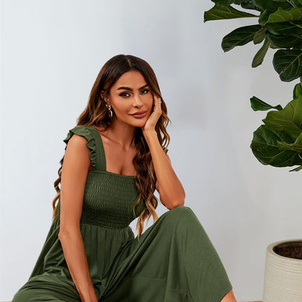 Frill Detail Strappy Jumpsuit In Olive